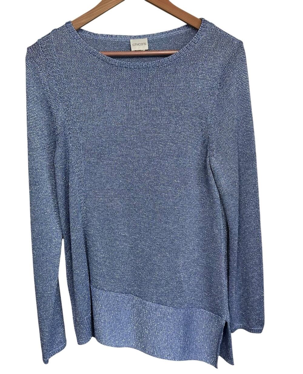 Chico’s Women’s Light Blue Metallic Asymmetrical Long Sleeve Pullover Sweater M